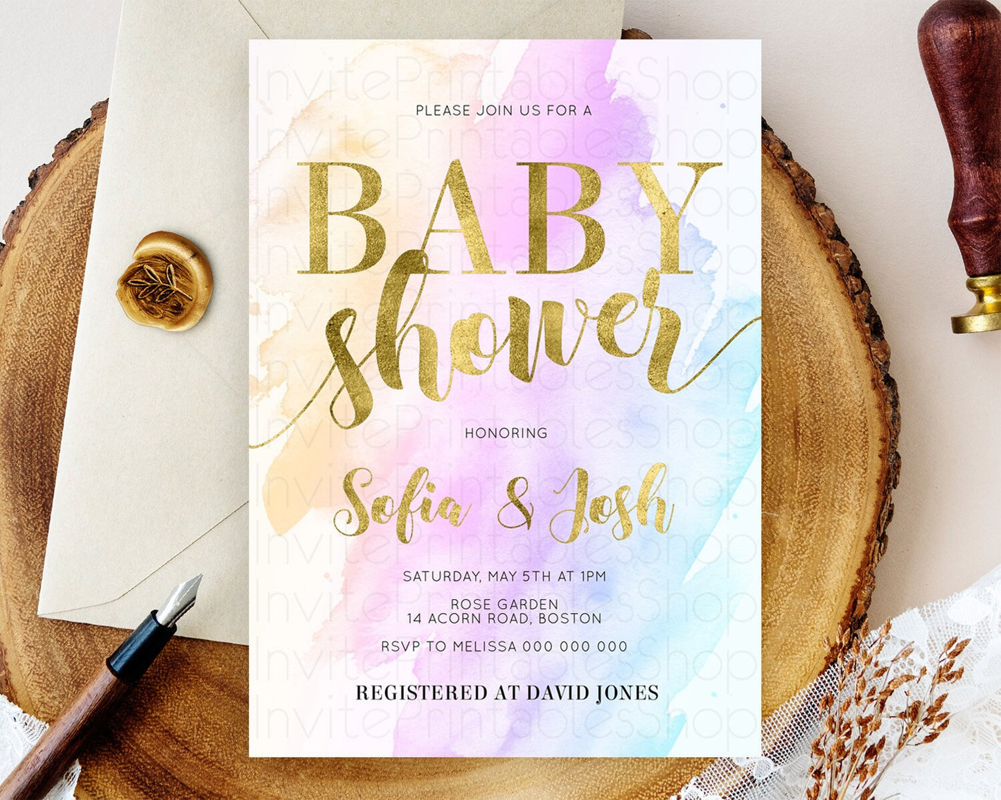 Pastel Baby Shower Invitation Rainbow Baby Shower Invitation Colorful Pastel Watercolor Invitation Gold Glitter Sprinkles Ombre D11027