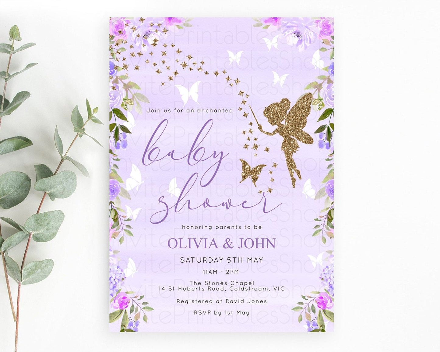 Fairy Baby Shower Invitation, Enchanted Fairy Garden, Secret Garden, Pixie Tea Party, Pastel Purple Flowers, Glitter and Butterflies D10910