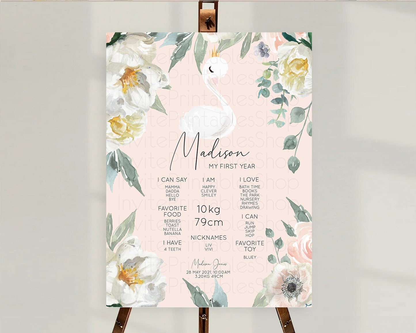 Swan First Birthday Milestone Poster Swan Princess Ballet Milestone Board Enchanted Forest Swan Lake Secret Garden Pastel Floral D10755