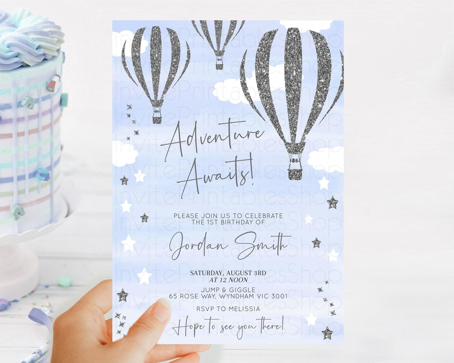 Hot Air Balloon Birthday Invitation Hot Air Balloon Invites Adventure Awaits Up Up & Away Glitter Blue Watercolor 1st Birthday Boy D10334