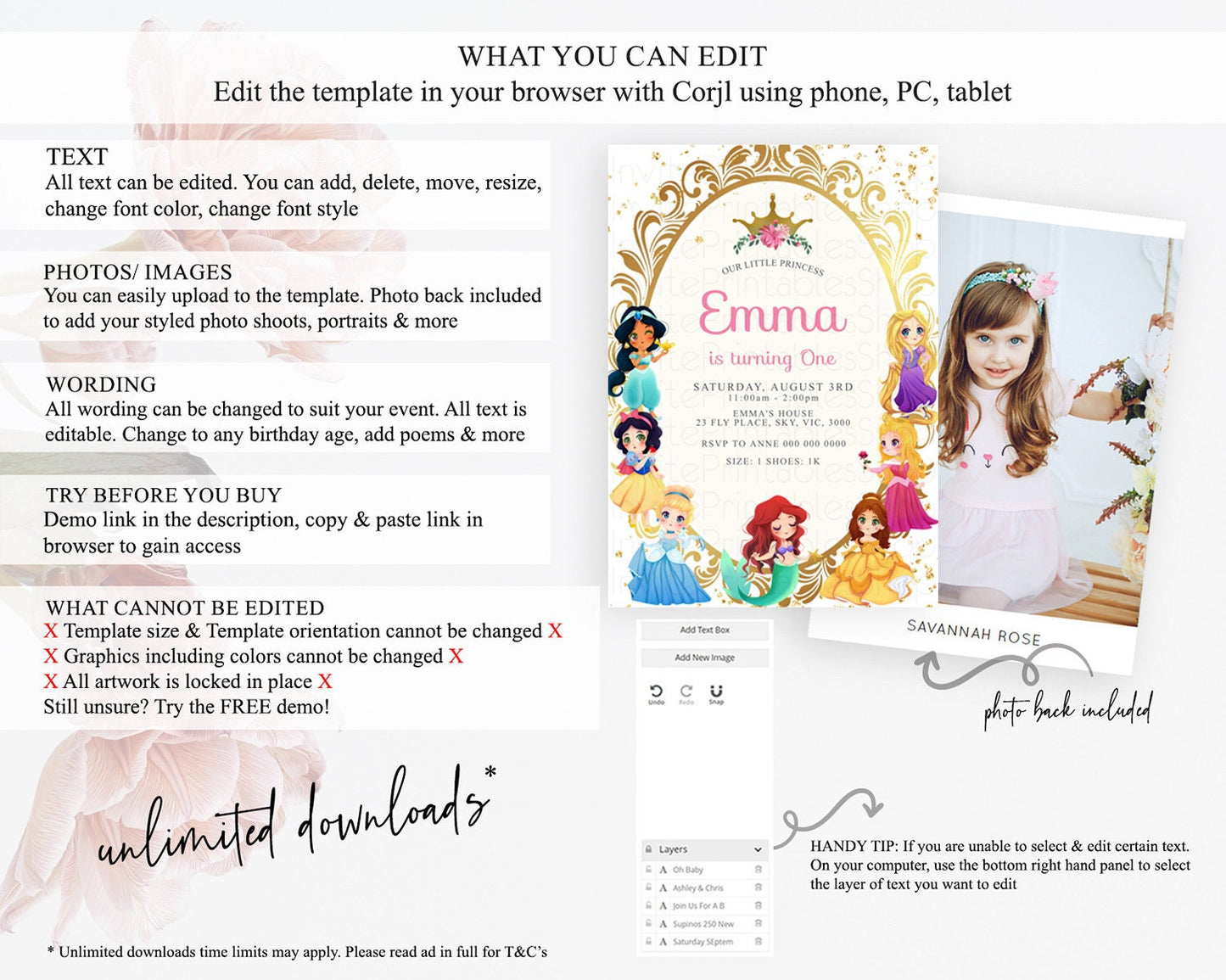 Princess Birthday Invitation Castle Invitation Royal Birthday Fairy Tale Enchanted Mirror Pastel Floral Garden 1st First Birthday D10150