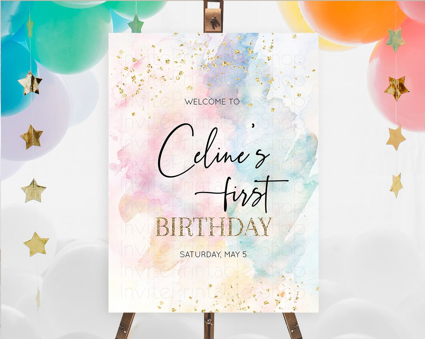 Pastel Welcome Sign Pastel Rainbow Welcome Sign Colorful Rainbow Confetti Watercolor Glitter Pastel First Birthday Welcome Sign D10276