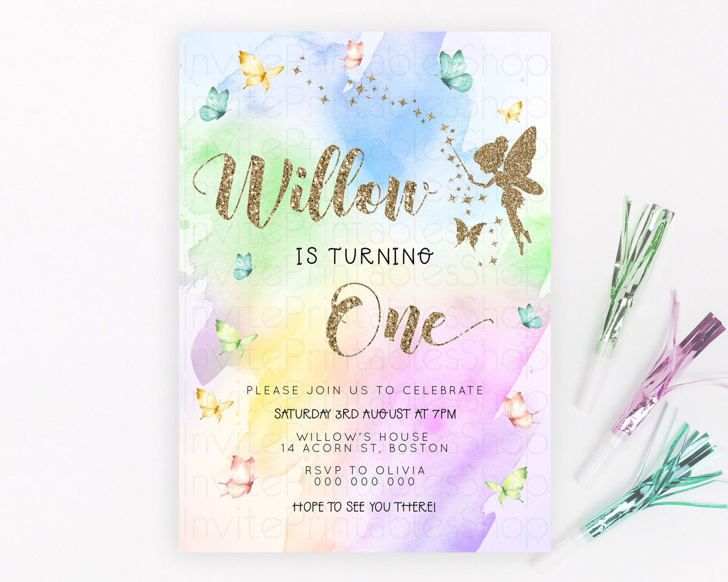 Pastel Fairy Birthday Invitation Pastel Butterflies Fairy Birthday Invitation Rainbow Ombre Watercolor 1st 2nd Birthday Invitation D23351