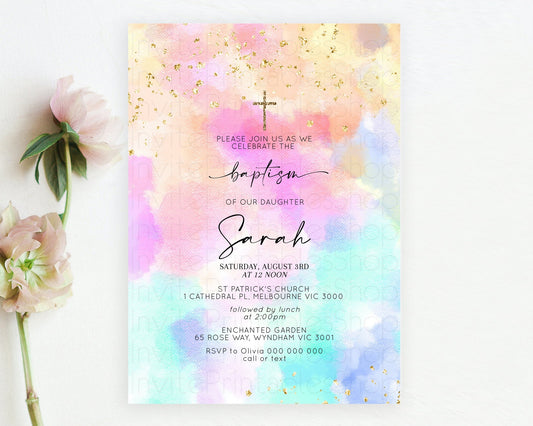 Pastel Baptism Invitation Pastel Colors Watercolor Baptism 1st Birthday Party Gold Ombre Pastel Rainbow Christening Holy Communion D10667