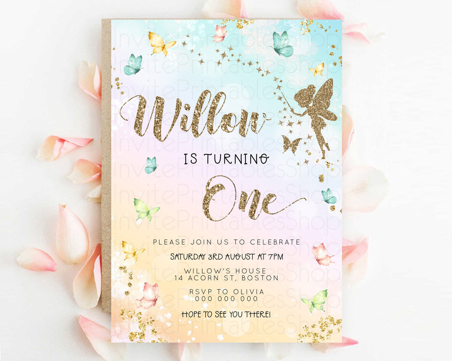 Pastel Fairy Birthday Invitation Pastel Butterflies Fairy Birthday Invitation Rainbow Ombre Watercolor 1st 2nd Birthday Invitation D23152