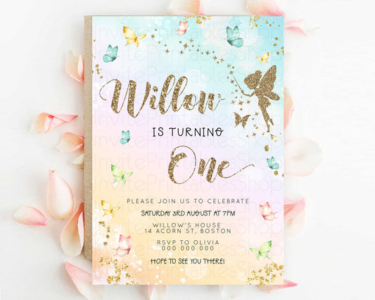 Pastel Fairy Birthday Invitation Pastel Butterflies Fairy Birthday Invitation Rainbow Ombre Watercolor 1st 2nd Birthday Invitation D23152