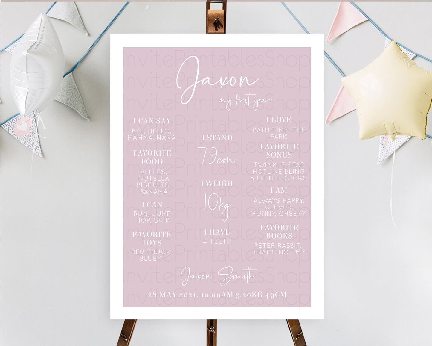 Pink First Birthday Milestone Poster Plain Pink Milestone Board Minimalist Pastel Pink Milestone Modern 1st Birthday Welcome Sign D10940