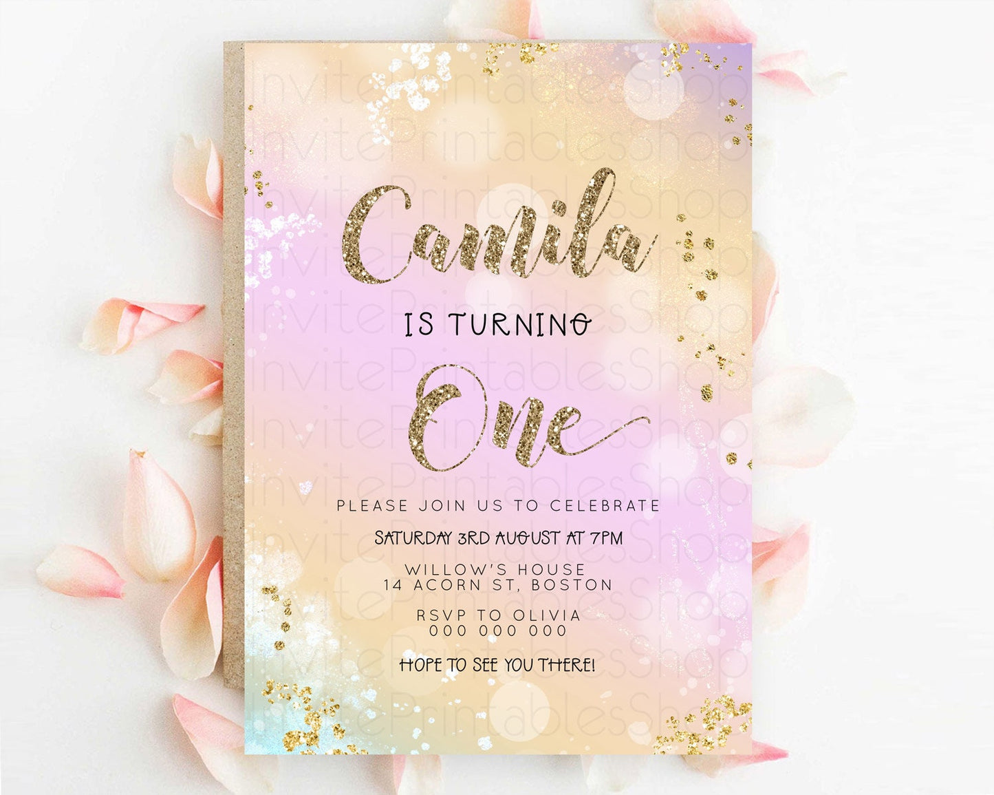 Rainbow Birthday Invitation Colorful Pastel Watercolor Invitation Gold Glitter Sprinkles Ombre Pastel 1st 2nd 3rd Birthday D23122