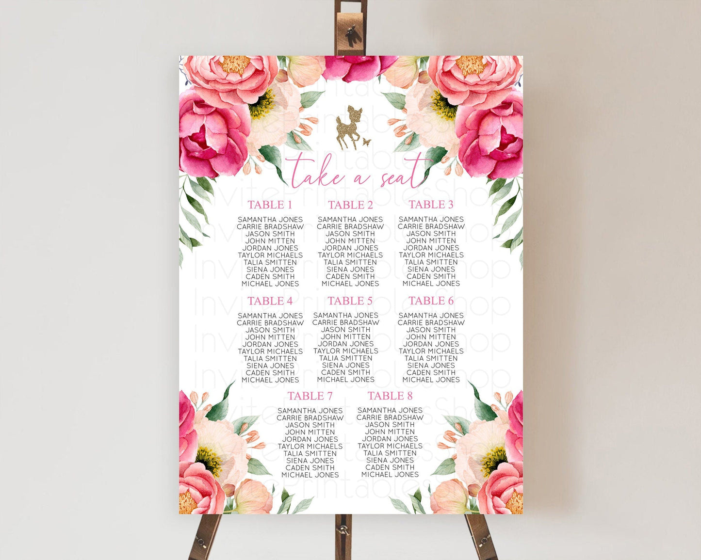 Fawn Seating Chart Deer Seating Chart Enchanted Forest Party Butterfly Pastel Flowers Whimsical Seating Chart Woodland Seating Sign D10326