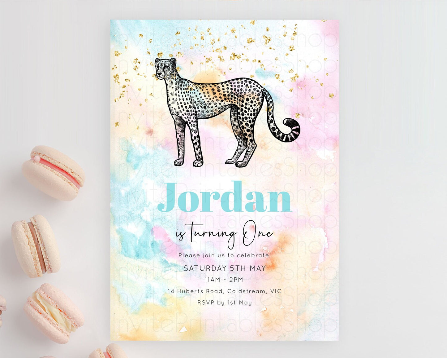 Cheetah Birthday Invitation Cheetah Invitation Cheetah Birthday Pastel Watercolor Cheetah Invitation Rainbow Cheetah Invitation D10289