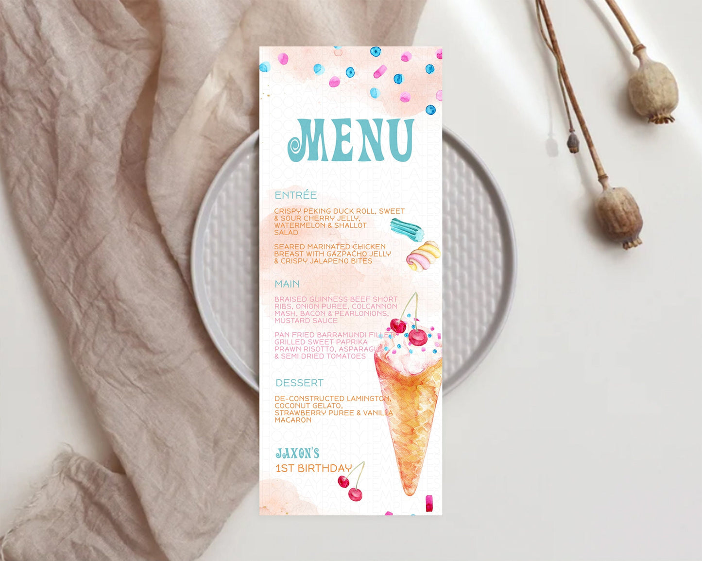 Ice Cream Menu Sweet One Menu Template Heres The Scoop Decor Pastel Candy Table Decor Candy Scoop Dinner Dessert Party Food Menu D10554