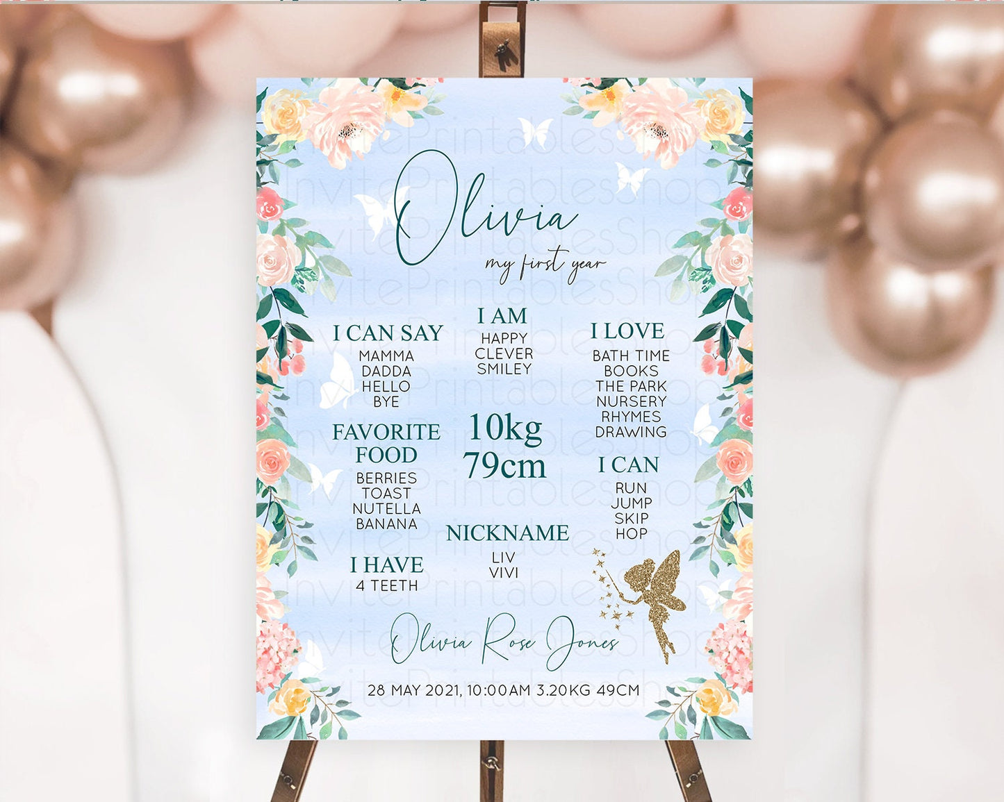 Fairy First Birthday Milestone Poster Fairy Secret Garden Milestone Board Enchanted Garden Pastel Floral Butterfly 1st Birthday Sign D10794