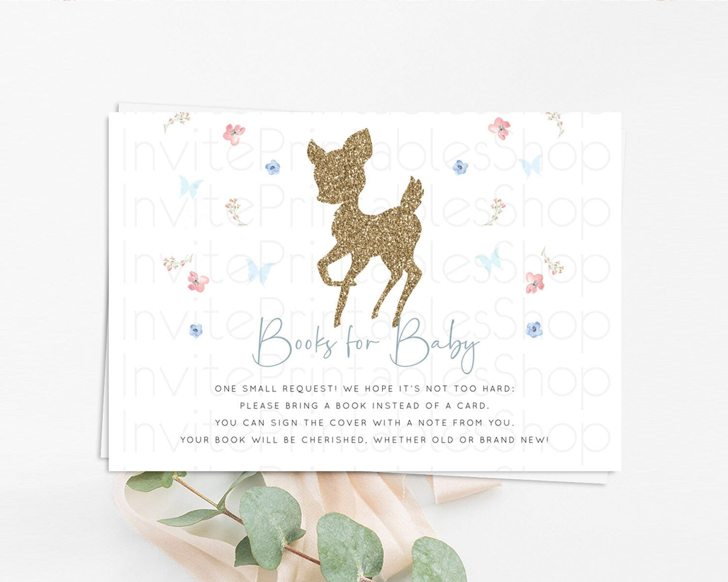 Fawn Books For Baby Card Deer Book Insert Floral Deer Book Card Enchanted Forest Butterfly Pastel Baby Shower Book Poem Request D10359