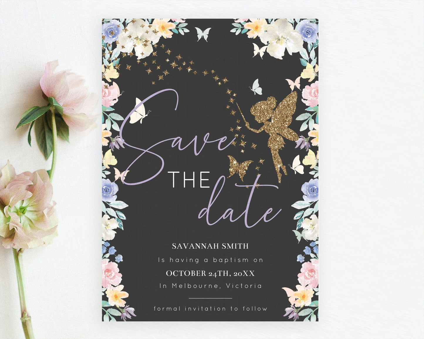 Fairy Save The Date Template Enchanted Garden Pastel Floral Butterfly Party Secret Garden Birthday Baptism Baby Shower Bridal Shower D10881