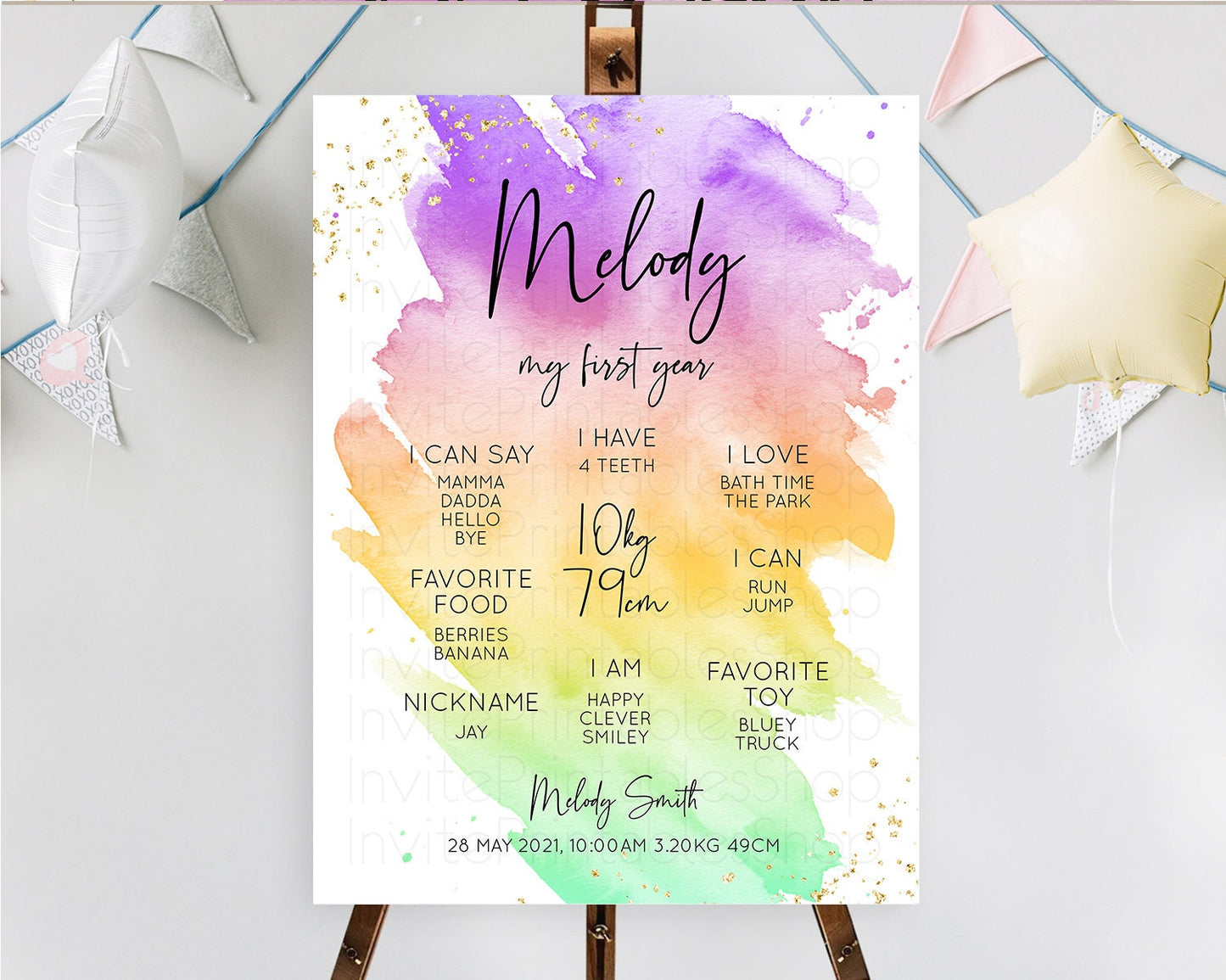 Pastel First Birthday Milestone Board Pastel Rainbow Milestone Poster Colorful Confetti Watercolor Glitter 1st Birthday Welcome Sign D10518