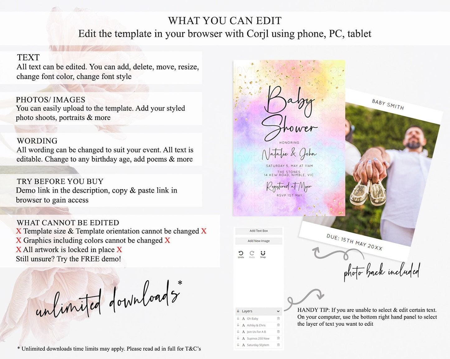 Pastel Rainbow Baby Shower Invitation, Watercolor Splash, Confetti Sprinkles, Colorful Ombre - Blue, Yellow, Purple, Orange, Gold D10438