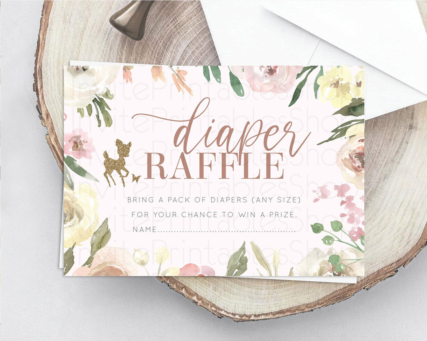 Fawn Diaper Raffle Card Deer Diaper Insert Floral Deer Diaper Ticket Enchanted Forest Butterfly Pastel Baby Shower Raffle Game D10193