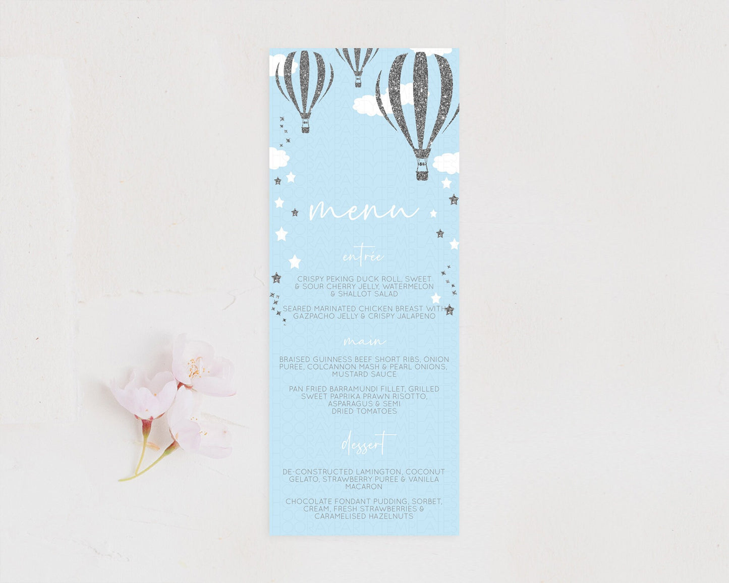 Hot Air Balloon Menu Hot Air Balloon Menu Template Hot Air Balloon Table Decor Adventure Awaits Dinner Dessert Party Food Menu D10335