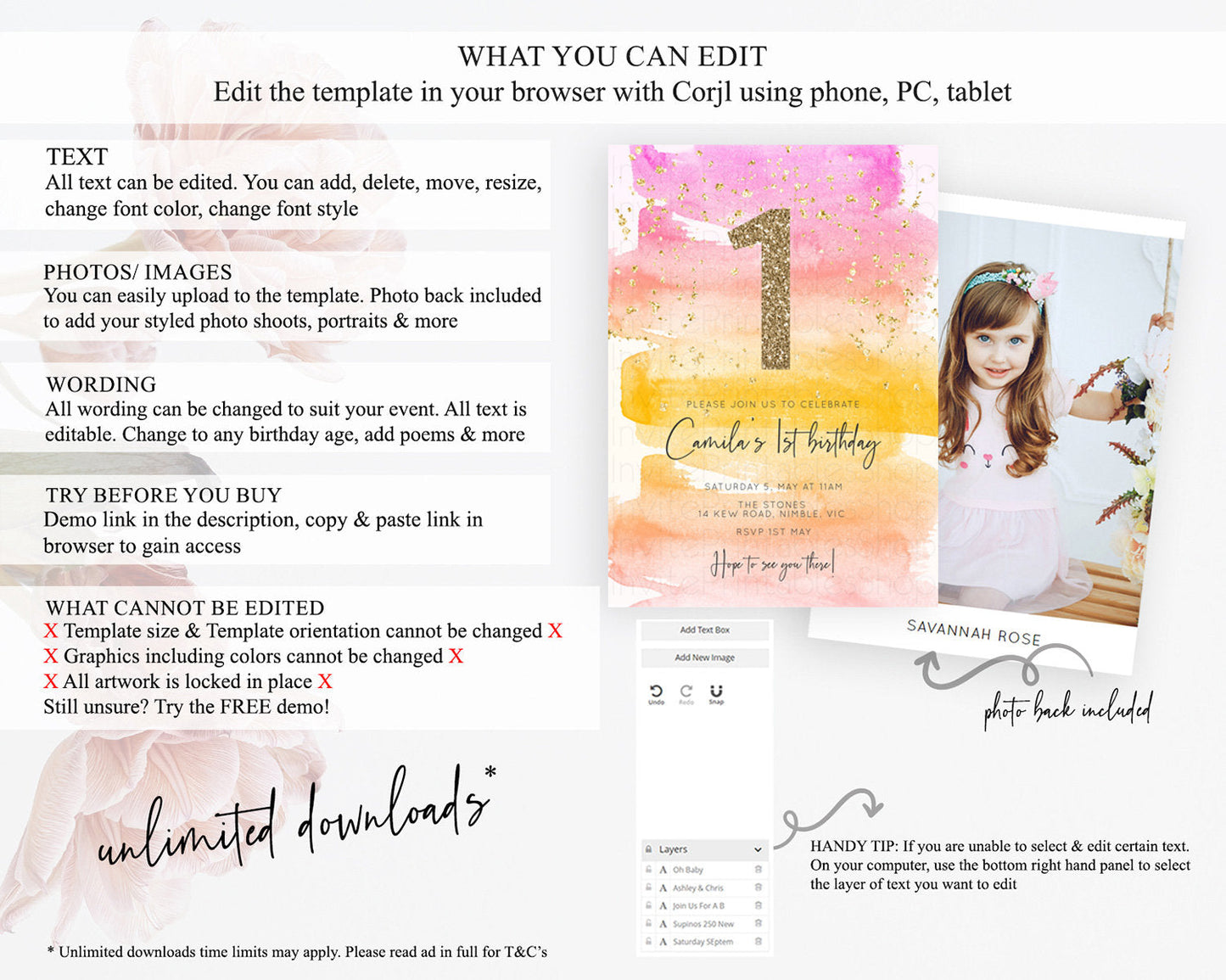 Rainbow Birthday Invitation Colorful Pastel Watercolor Invitation Gold Glitter Sprinkles Ombre Pastel 1st 2nd 3rd Birthday D10520