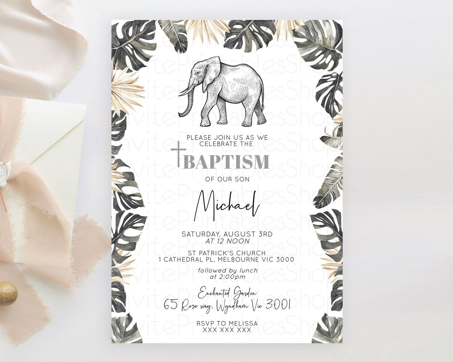 Elephant Baptism Invitation Elephant Baptism 1st Birthday Invitation Safari Christening Invitation TWO Wild ONE Jungle Adventure Zoo D10806