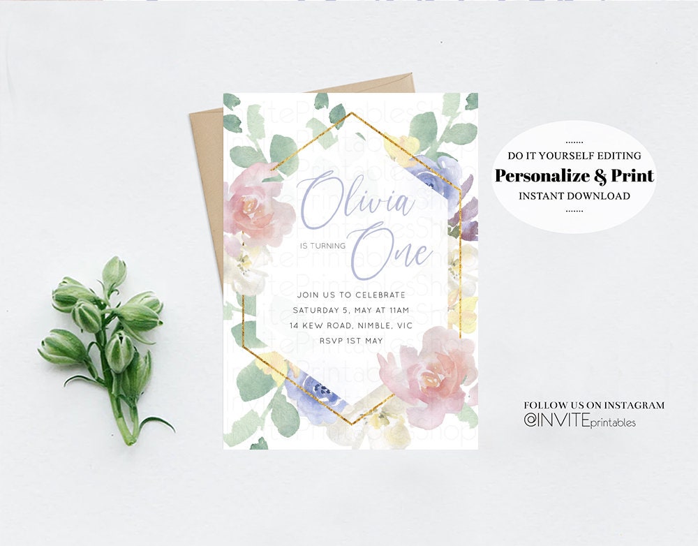 Wildflower 1st Birthday Floral Birthday Invite Pastel Floral Invite Garden Party Invite Blush Floral Invite Wild One Invite