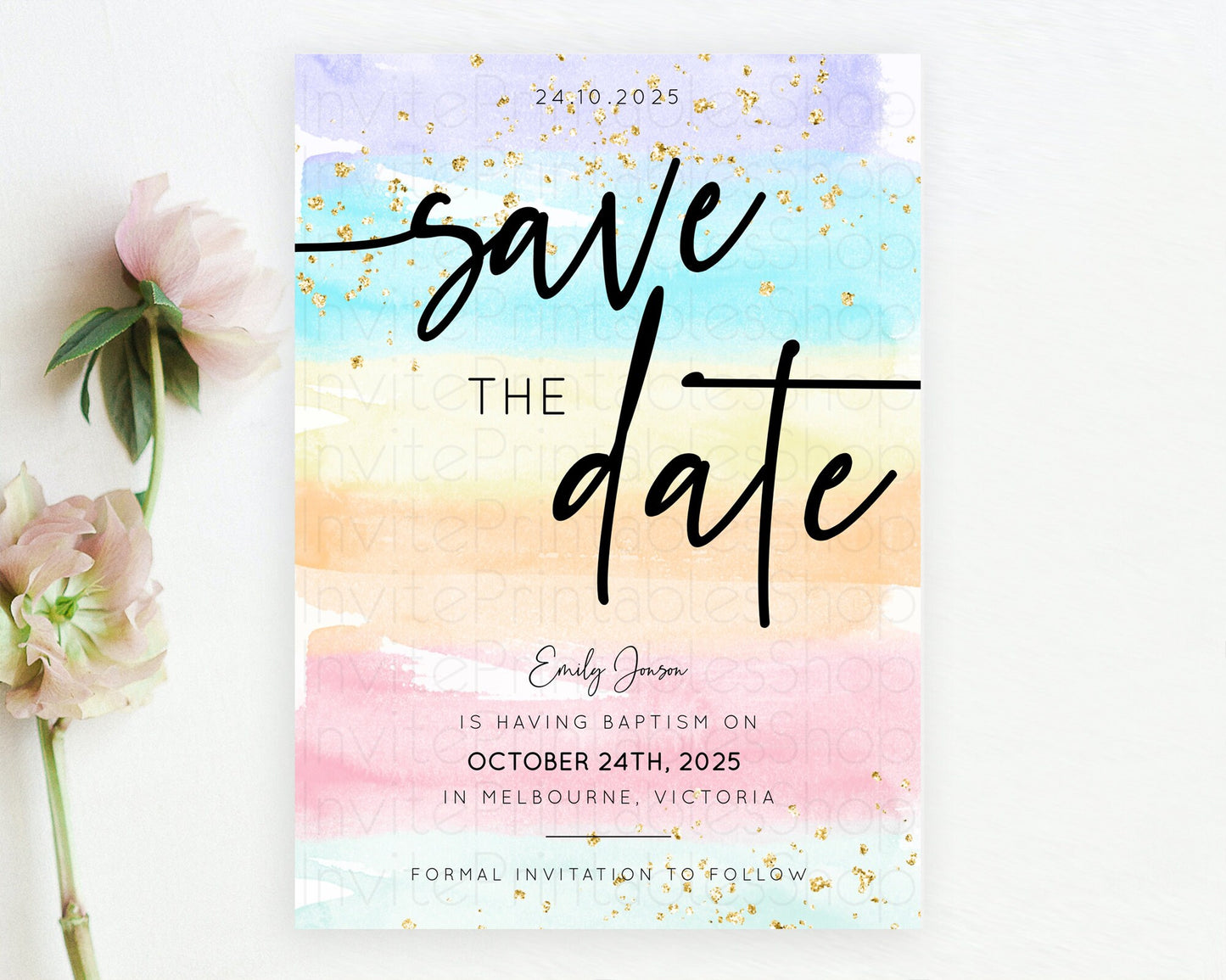 Pastel Save The Date Template Pastel Ombre Rainbow Watercolor Colorful Party For Birthday Baptism Baby Shower Wedding Bridal Shower D10505