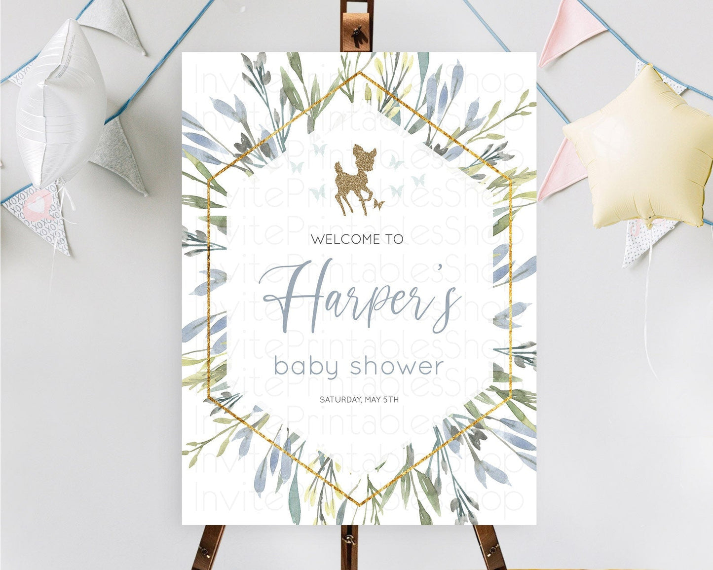 Fawn Baby Shower Welcome Sign Deer Welcome Board Floral Deer Welcome Poster Enchanted Forest Butterfly Pastel Floral Welcome Sign D10534