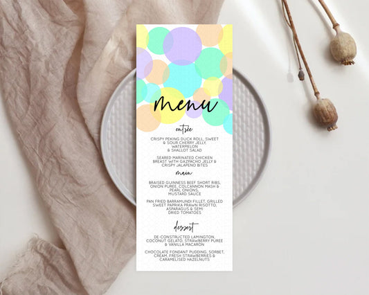 Rainbow Menu Pastel Menu Template Pastel Rainbow Table Decor Confetti Colorful Pastel Menu Confetti Menu Dinner Plate Party Decor D10415