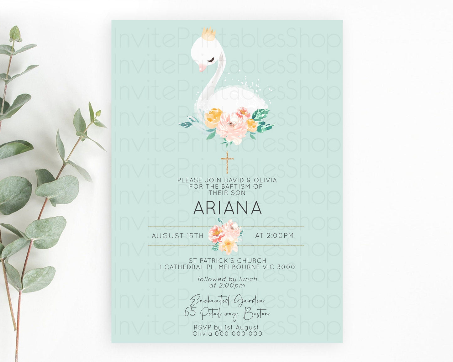 Swan Lake Baptism Invitation Swan Princess Ballet Baptism 1st Birthday Enchanted Forest Secret Garden Watercolour Pastel Floral D10905