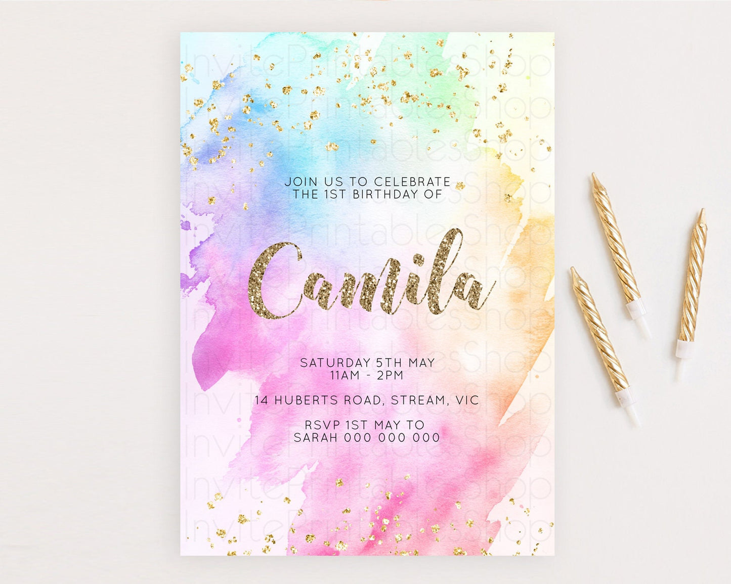 Rainbow Birthday Invitation Colorful Pastel Watercolor Invitation Gold Glitter Sprinkles Ombre Pastel 1st 2nd 3rd Birthday D10450