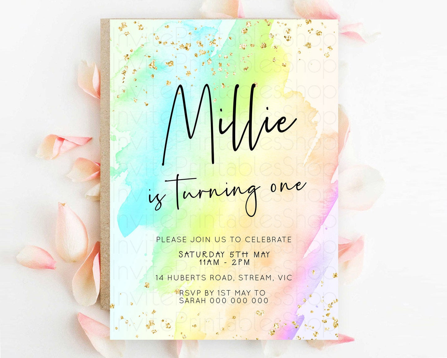 Pastel Birthday Invitation Ombre Watercolor Birthday Invitation Glitter Rainbow Color Splash 1st 2nd 3rd Birthday Invitation D23051