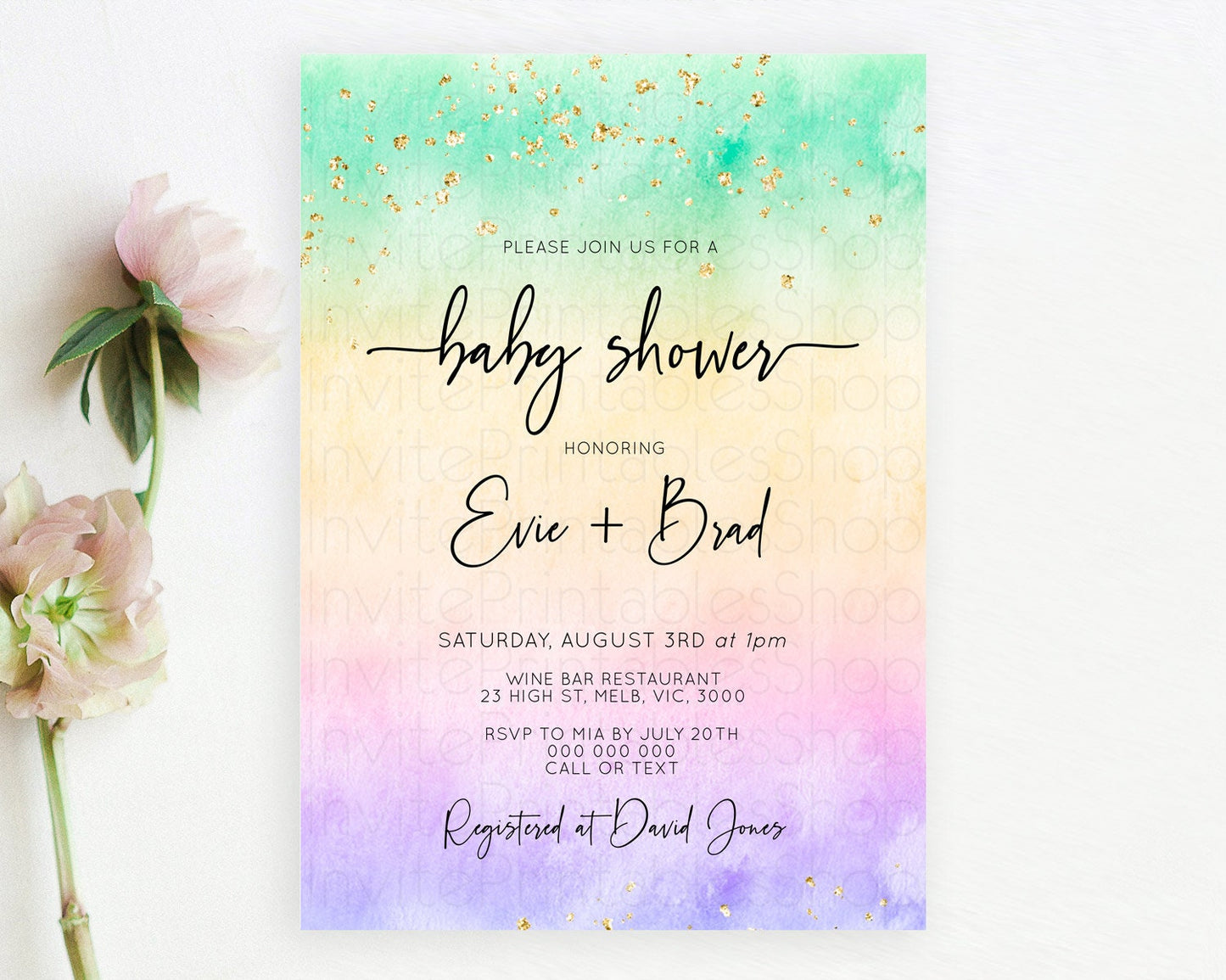 Pastel Baby Shower Invitation Rainbow Baby Shower Invitation Colorful Pastel Watercolor Invitation Gold Glitter Sprinkles Ombre D10481