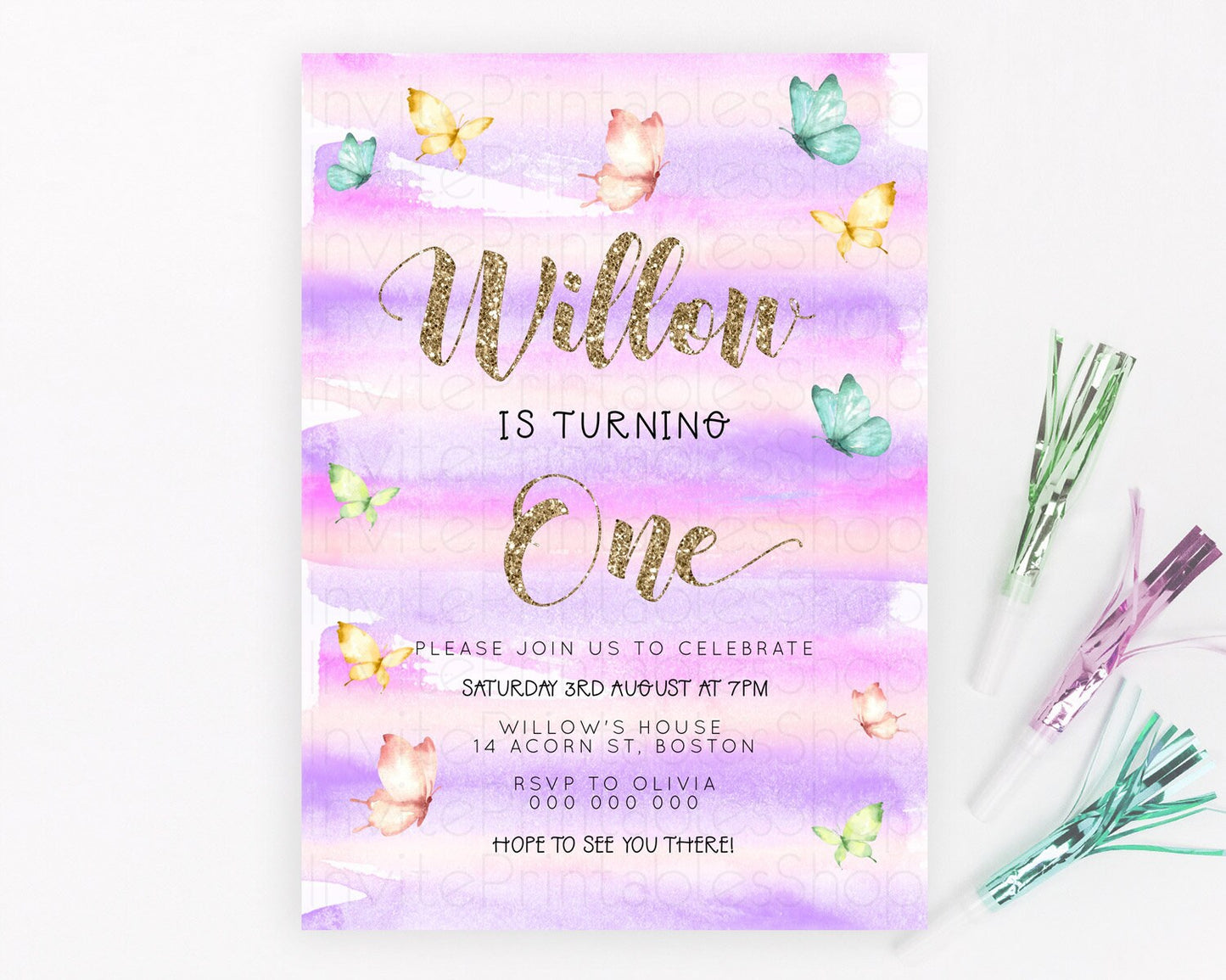 Pastel Butterfly Birthday Invitation Butterfly Birthday Invitation Colorful Splash Glitter Butterfly Garden 1st 2nd Birthday D23219