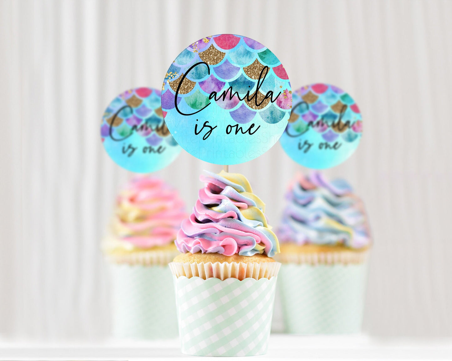 Rainbow Fish Cupcake Toppers Watercolor Mermaid Cupcake Rainbow Sea Cupcake Toppers Pastel Underwater Cupcake Rainbow First Birthday D10581