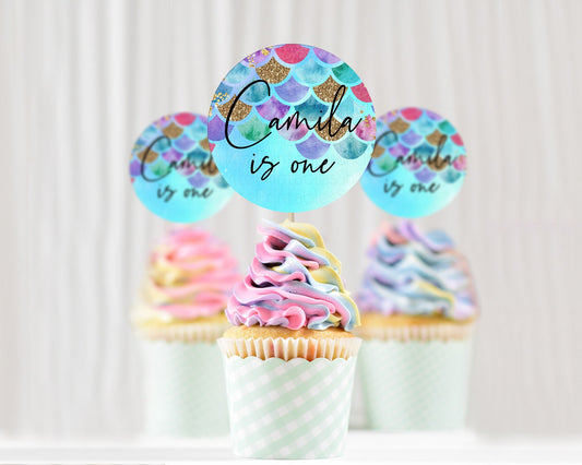 Rainbow Fish Cupcake Toppers Watercolor Mermaid Cupcake Rainbow Sea Cupcake Toppers Pastel Underwater Cupcake Rainbow First Birthday D10581