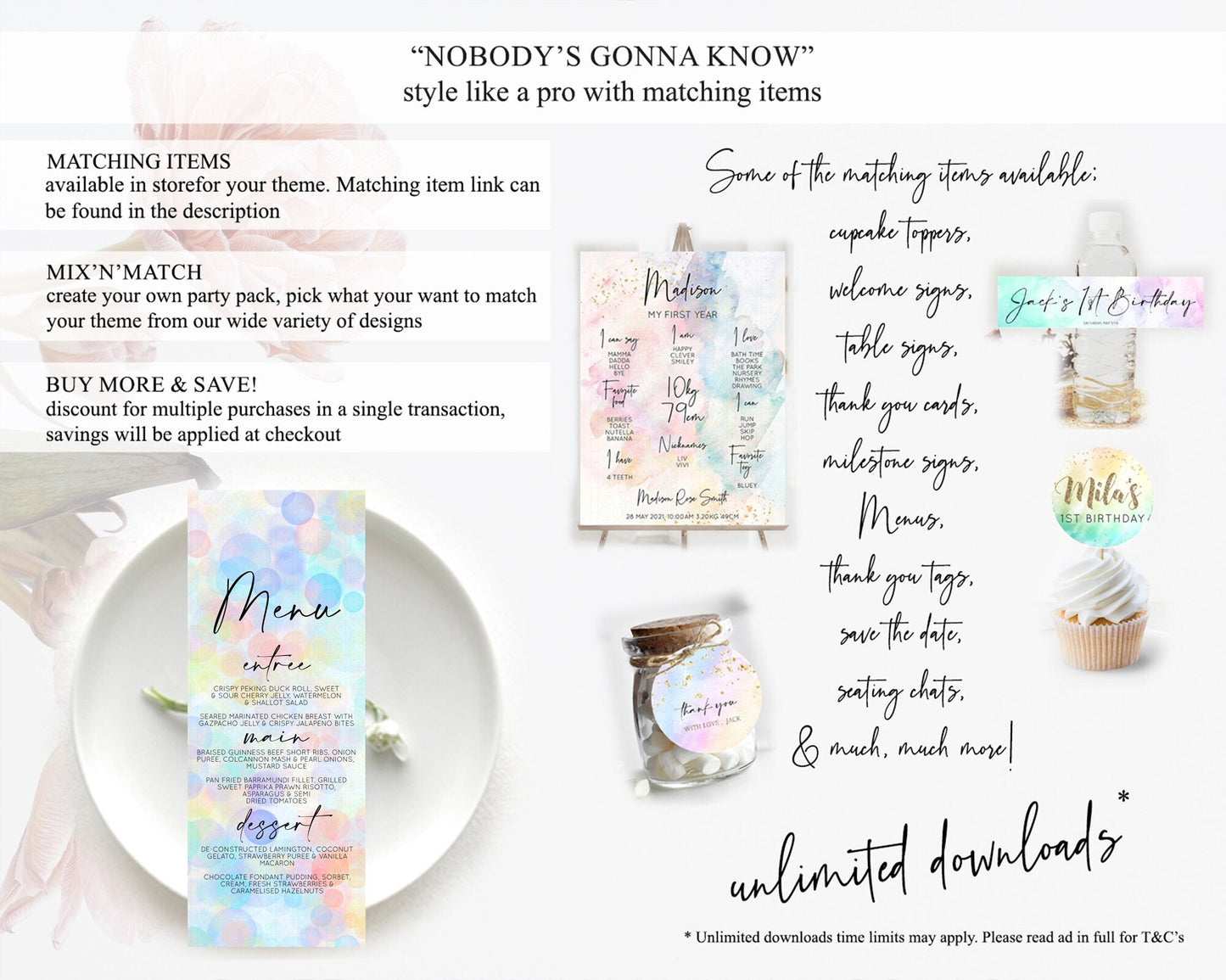 Pastel Menu Bubbles Menu Template Bubble Bath Table Decor Rainbow Pastel Colorful Confetti Dinner Dessert Menu Party Food Menu D10446