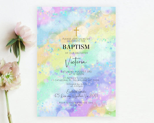 Rainbow Baptism Invitation Colorful Pastel Watercolor Baptism 1st Birthday Invitation Iridescent Glitter Sprinkles Ombre Christening D10689