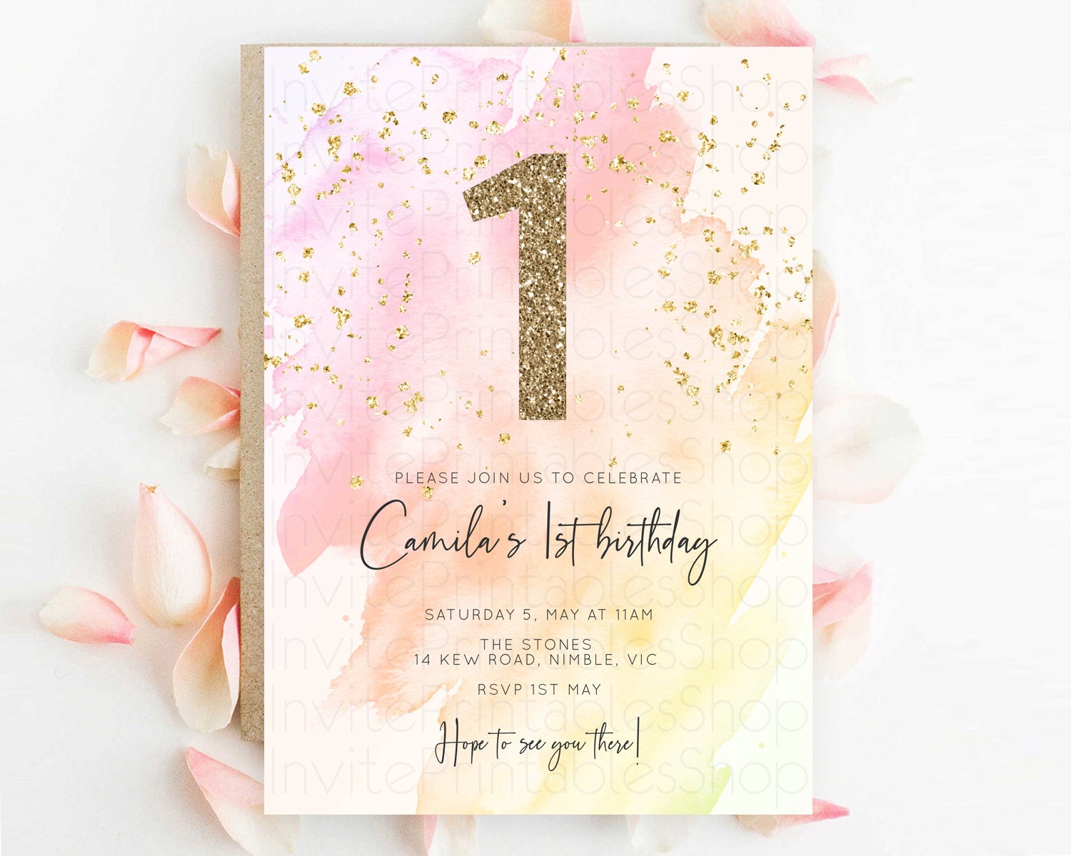 Editable Pink Birthday Invitation pink Watercolor Invitation Pastel pink Wat