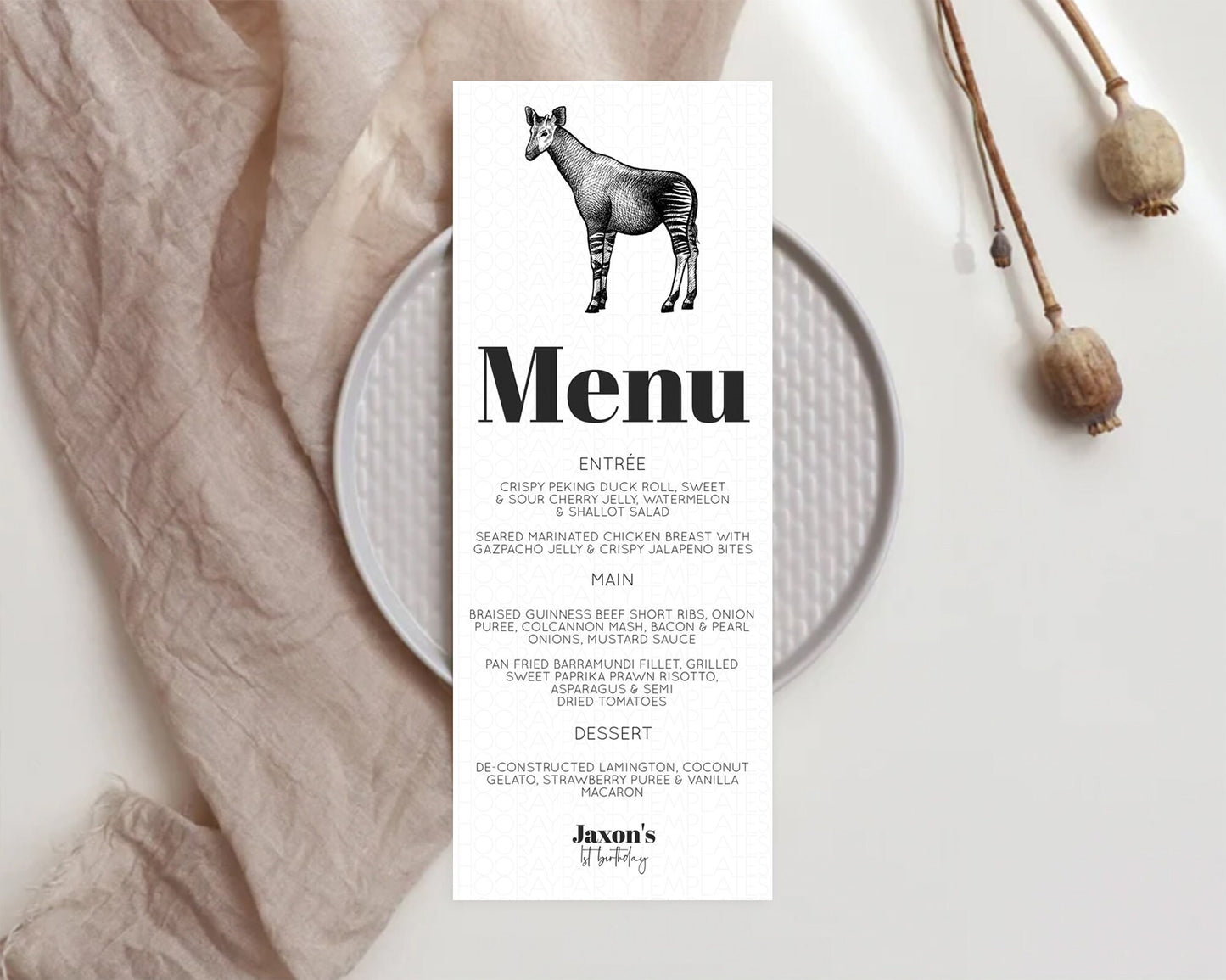 Okapi Menu Okapi Menu Template Okapi Table Decor Zoo Safari Adventure Décor Okapi Dinner Dessert Party Food Menu D10283