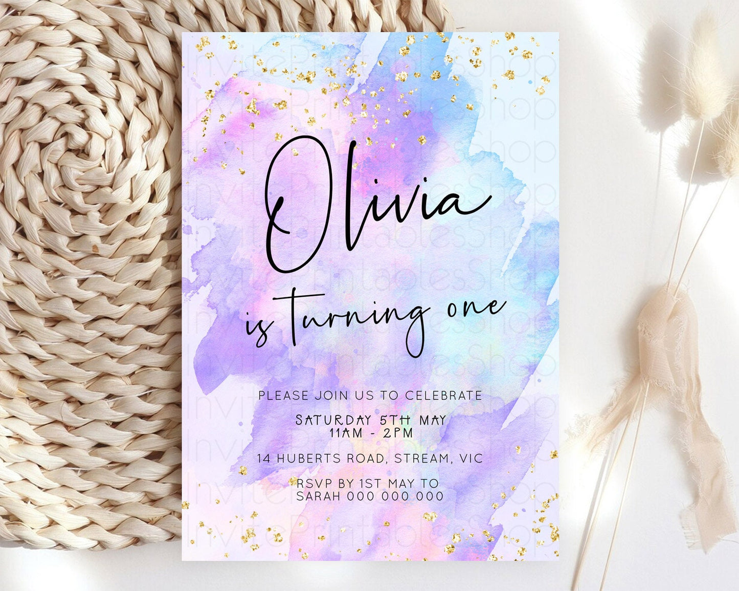 Pastel Birthday Invitation Ombre Watercolor Birthday Invitation Glitter Rainbow Color Splash 1st 2nd 3rd Birthday Invitation D23065