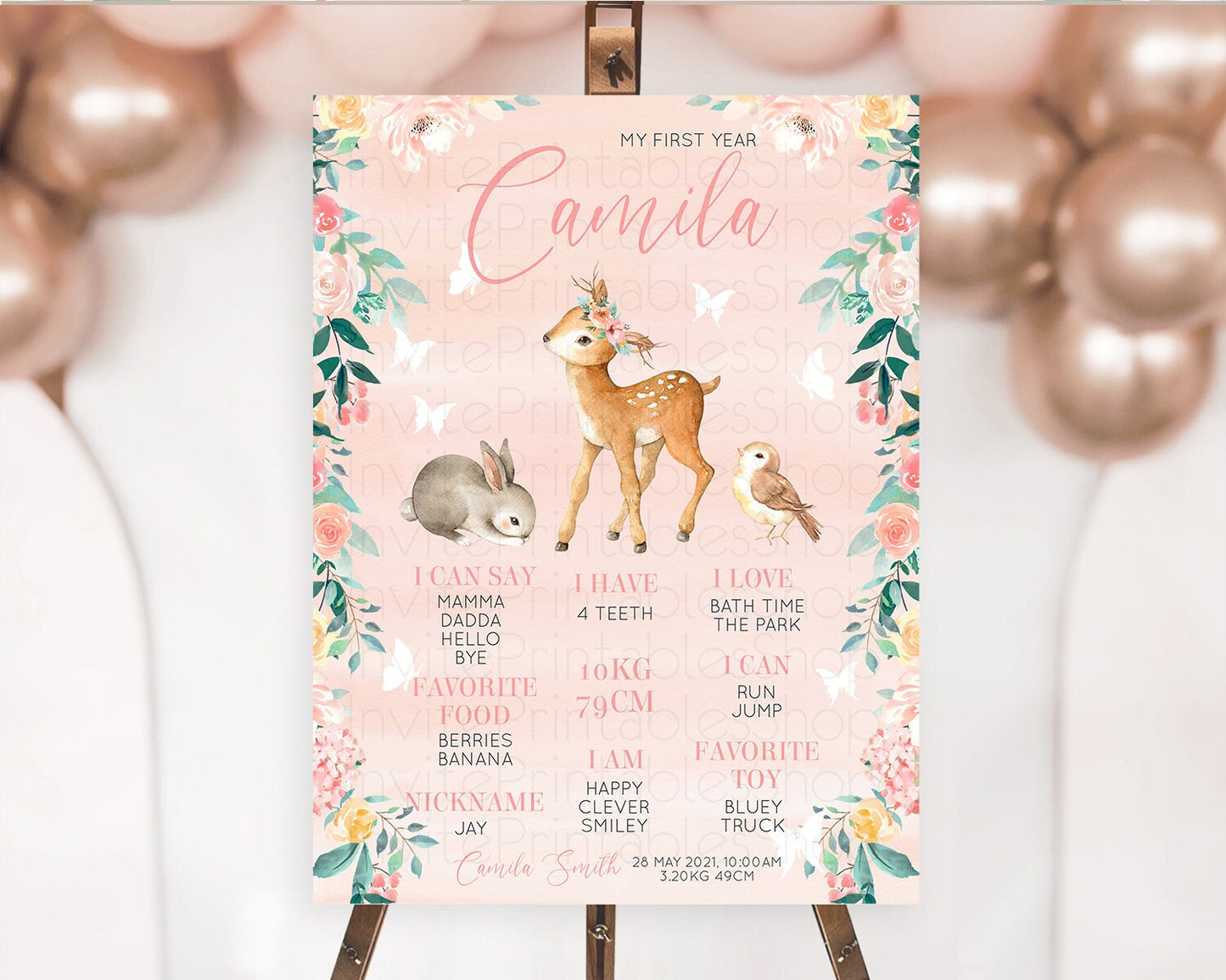 Fawn First Birthday Milestone Board Deer First Birthday Milestone Poster Enchanted Forest Butterfly Pastel Flowers 1st Birthday Sign D10921