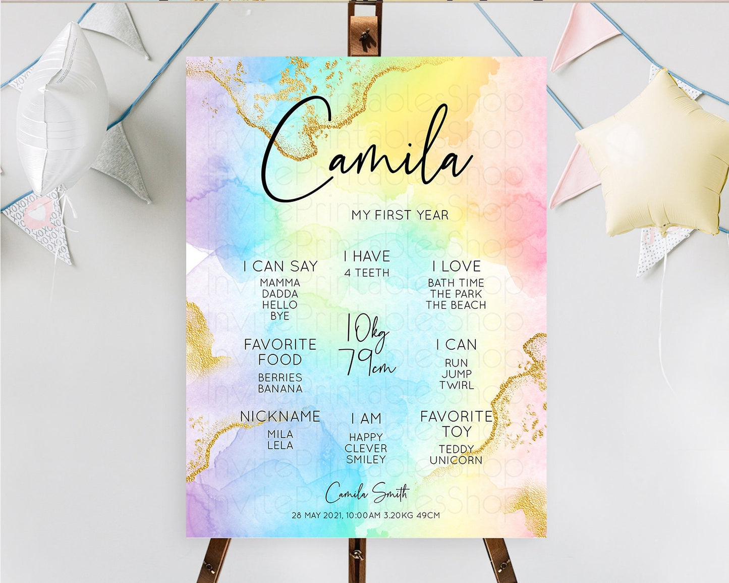 Pastel First Birthday Milestone Board Pastel Rainbow Milestone Poster Colorful Confetti Watercolor Glitter 1st Birthday Welcome Sign D10588