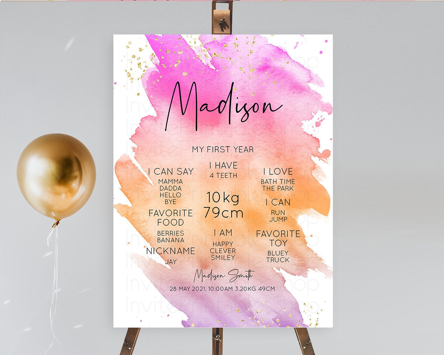 Pastel First Birthday Milestone Board Pastel Rainbow Milestone Poster Colorful Confetti Watercolor Glitter 1st Birthday Welcome Sign D10488