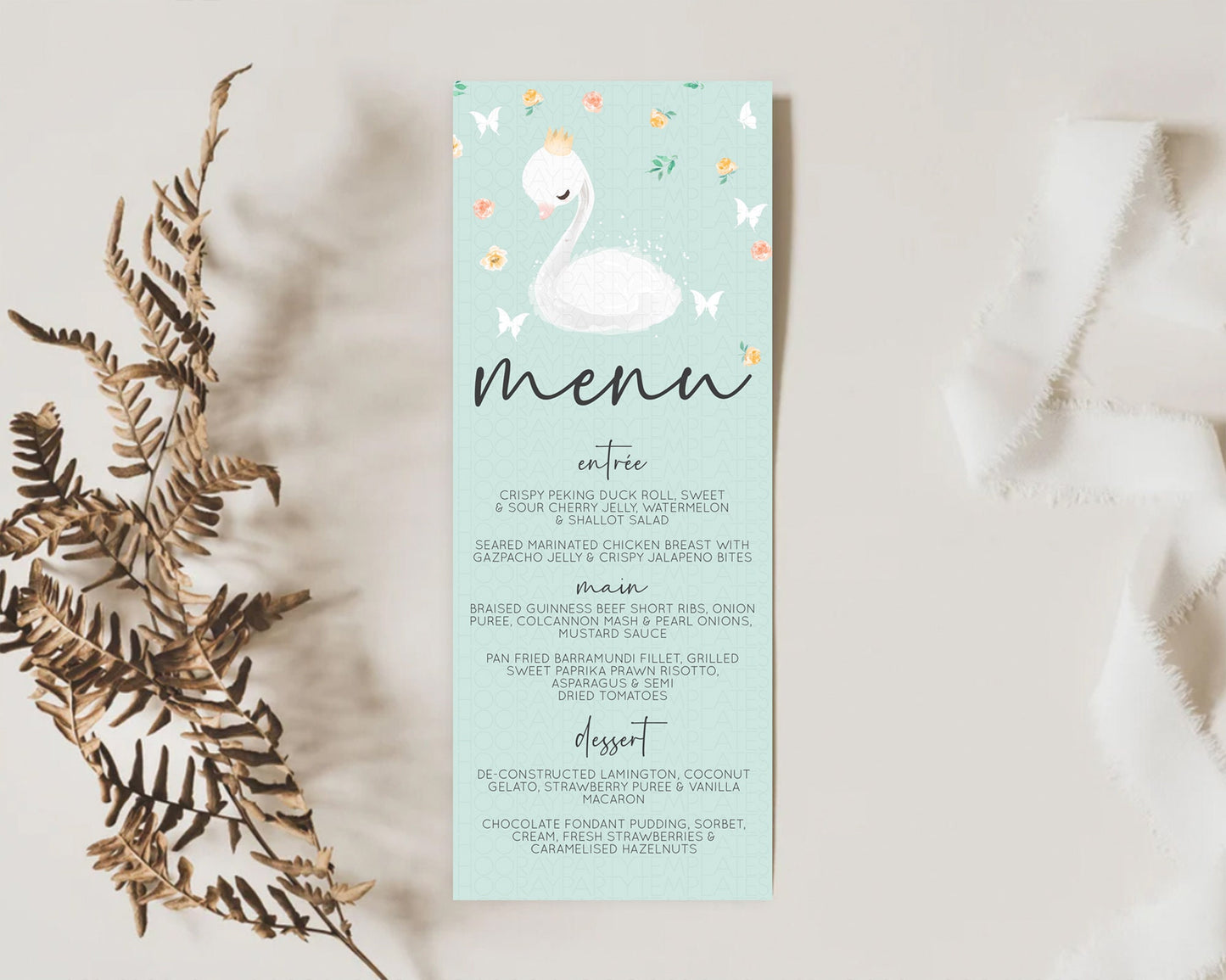 Swan Menu Swan Princess Ballet Menu Template Enchanted Swan Lake Table Decor Secret Garden Pastel Floral Dinner Dessert Food Menu  D10905