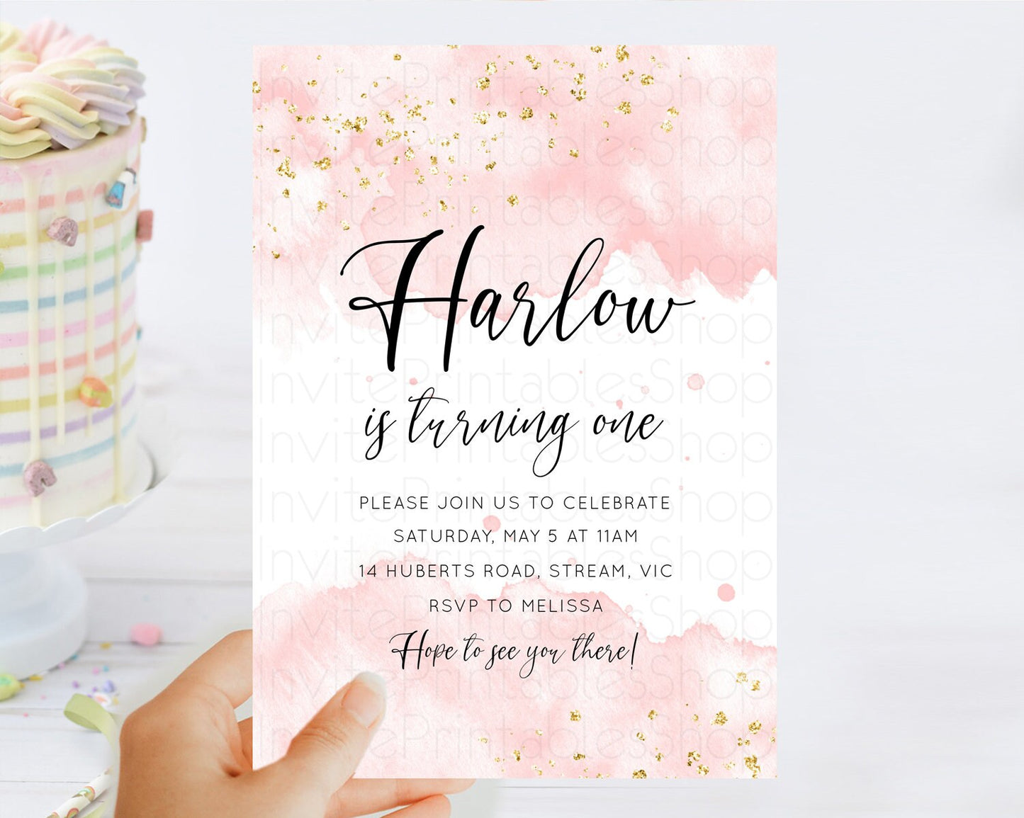 Pink Birthday Invitation pink Watercolor Invitation Pastel pink Watercolor Invitation pink Splash Gold Invitation 1st First Birthday D10328