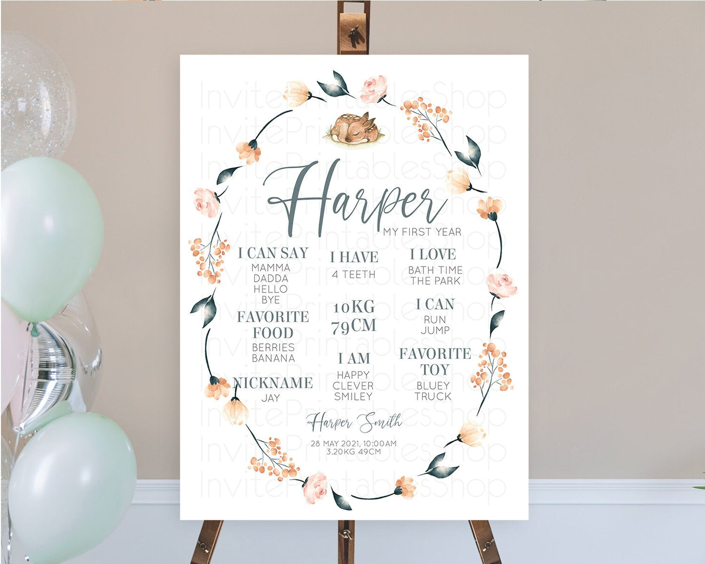 Fawn First Birthday Milestone Board Deer First Birthday Milestone Poster Enchanted Forest Butterfly Pastel Flowers 1st Birthday Sign D10790