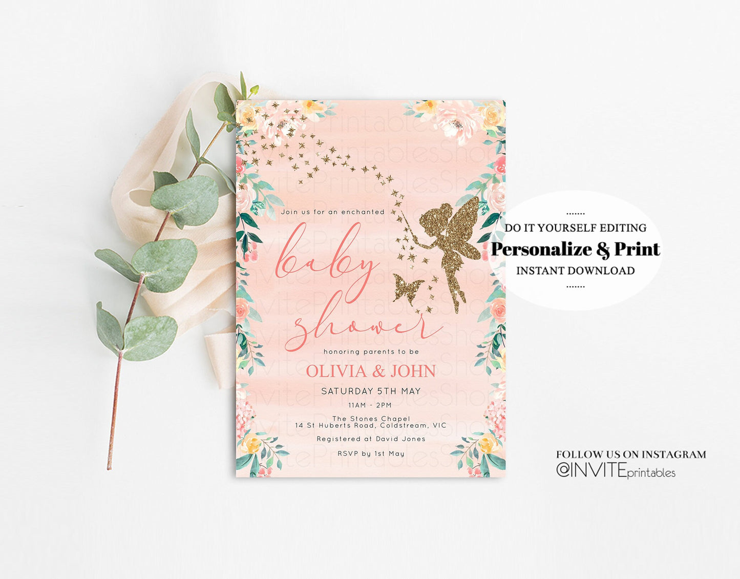 Editable Fairy Baby Shower Invitation Enchanted Baby Tinkerbell Glitter Pixi
