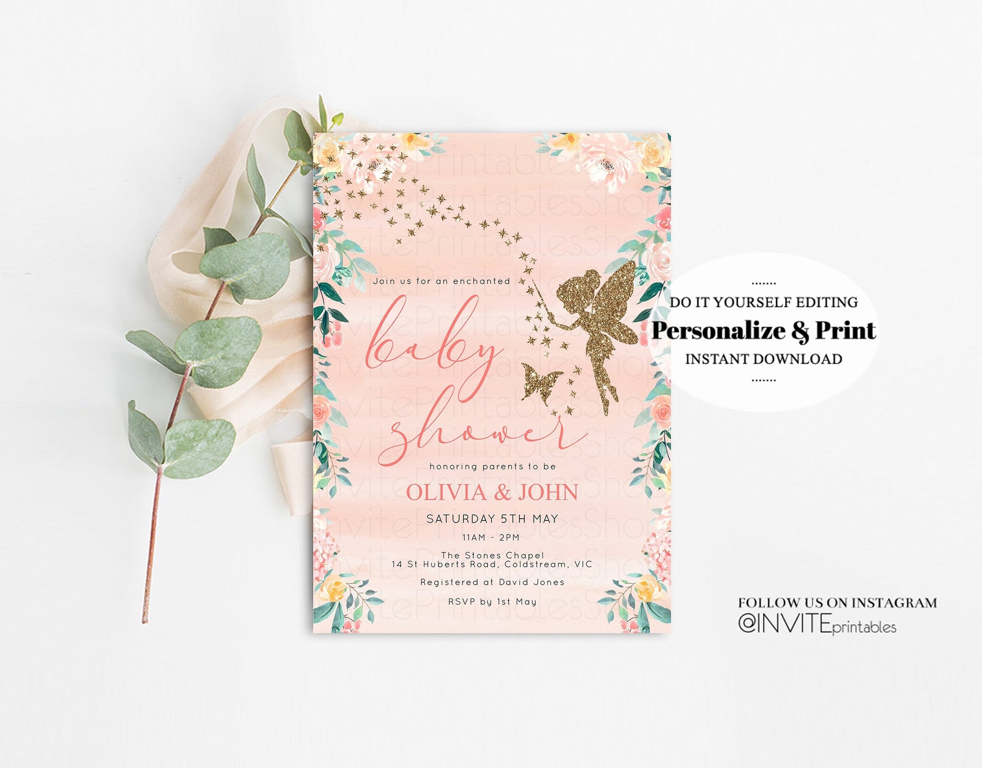 Editable Fairy Baby Shower Invitation Enchanted Baby Tinkerbell Glitter Pixi