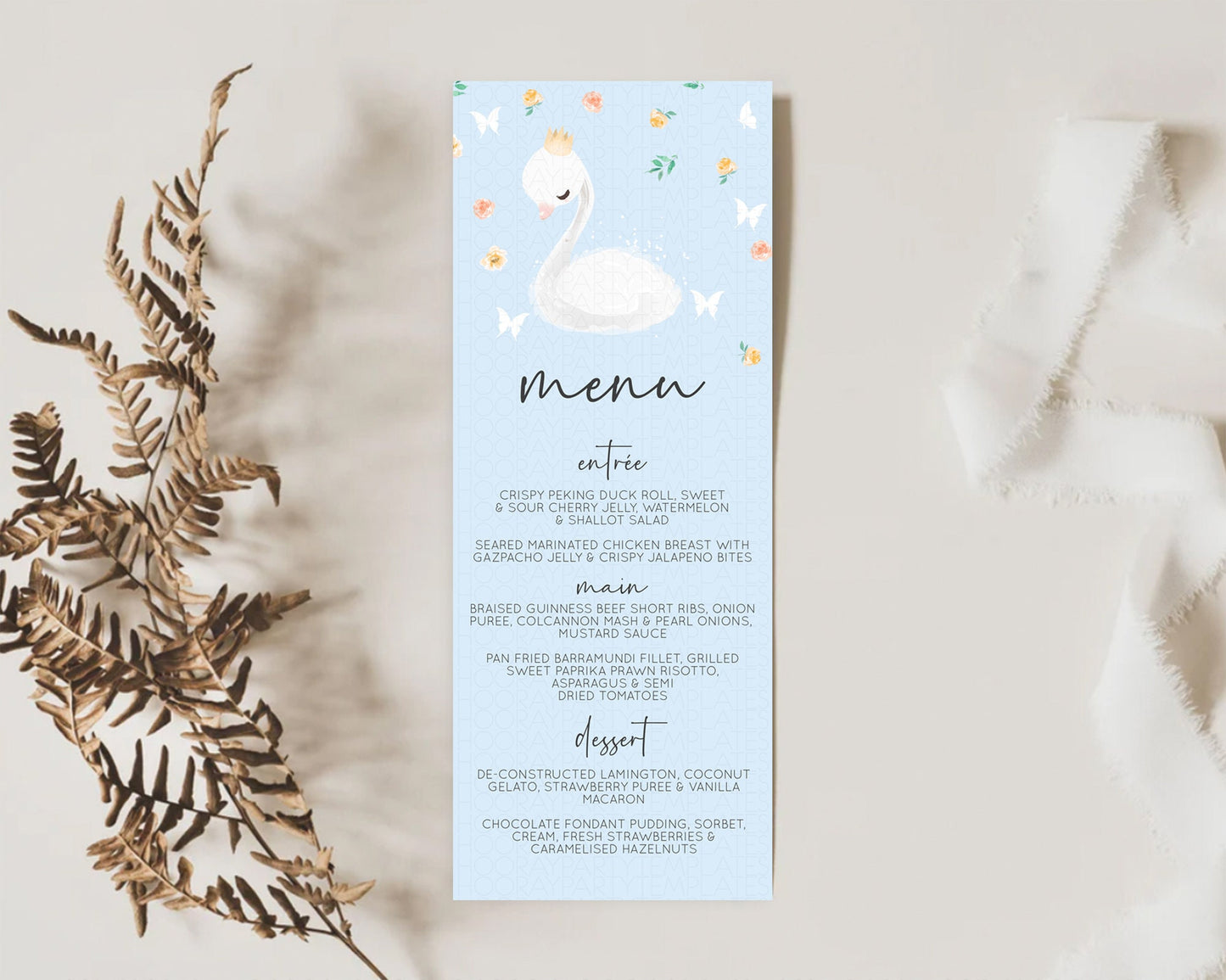 Swan Menu Swan Princess Ballet Menu Template Enchanted Swan Lake Table Decor Secret Garden Pastel Floral Dinner Dessert Food Menu  D10903