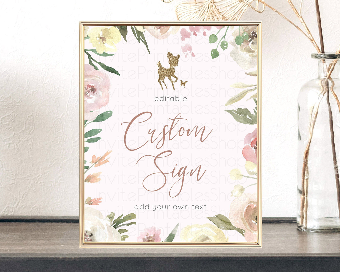 Fawn Deer Sign Pastel Floral Deer Table Sign Decor Enchanted Forest Butterfly Party 1st Birthday Baptism Baby Shower Bridal Shower D10193